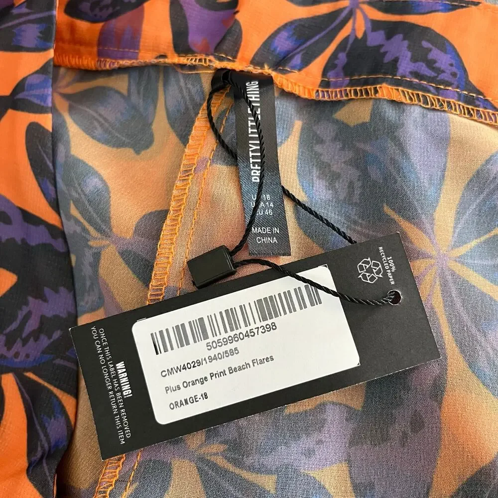 PrettyLittleThing Orange Tropical High Rise Sheer Flare Beach Pants 14 NWT